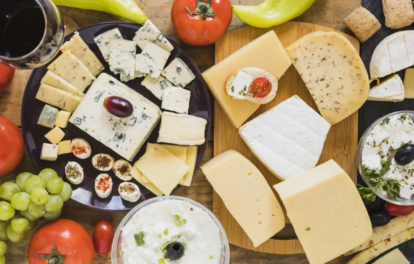 Table, wine, glass, food, cheese, plate, pieces, pepper