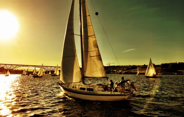 Sea, bridge, yachts, the evening, Seattle, regatta
