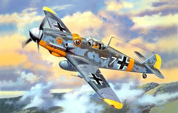 Picture the sky, clouds, figure, fighter, art, German, WW2, Bf - 109G - 6