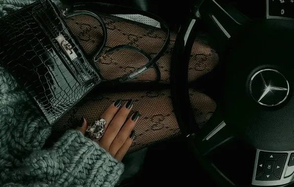 Auto, girl, ring, the wheel, handbag, tights, legs, Mersedes