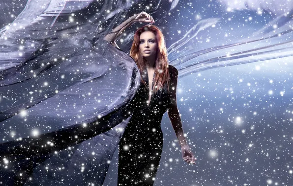 Look, girl, snow, the wind, fabric, brown hair