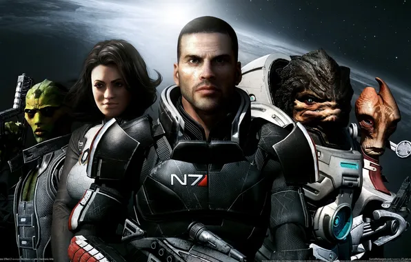 Picture space, weapons, team, Mass Effect 2, captain shepard