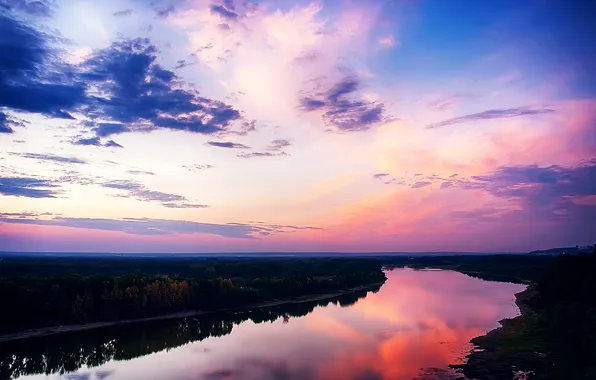 Clouds, sunset, surface, reflection, river