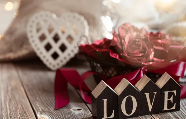 Light, love, flowers, lights, holiday, the inscription, cubes, heart