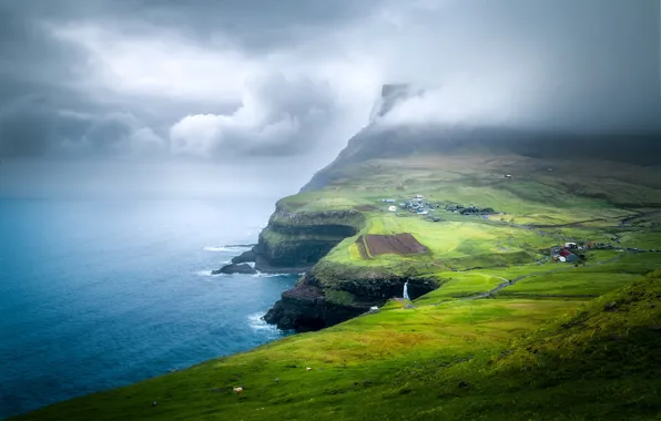 Sea, clouds, mountains, fog, rocks, shore, houses, settlement