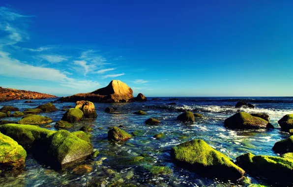 Picture sea, the sky, water, blue, stones