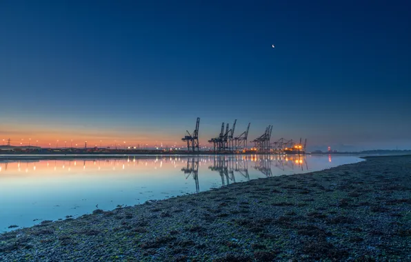 Sea, night, lights, the moon, shore, ship, port, Bay