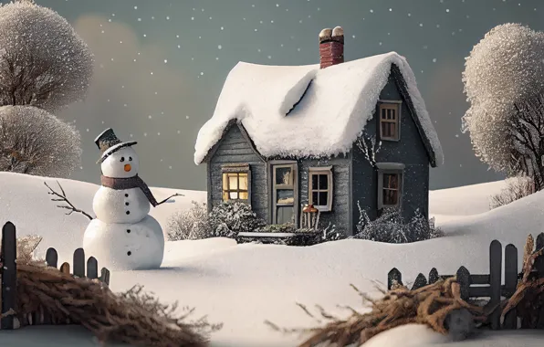 Winter, snow, house, hut, Christmas, New year, house, snowman