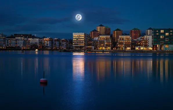 The sky, night, lights, river, the moon, building, home, Bui