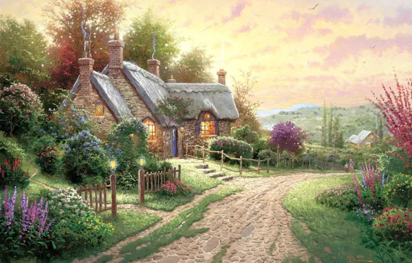 Road, flower, sunset, fence, Thomas Kinkade, cottage, blooming bushes, A peaceful time