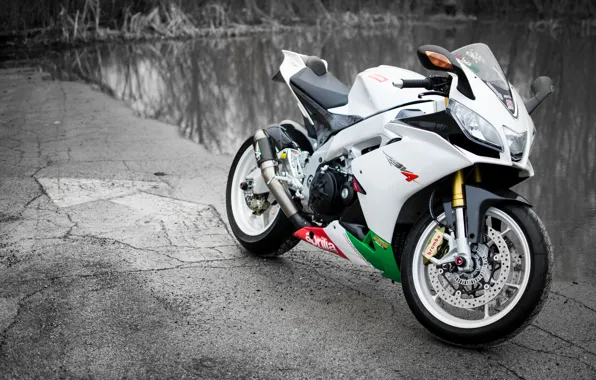 Picture white, motorcycle, white, Supersport, aprilia, bike, pond, supersport