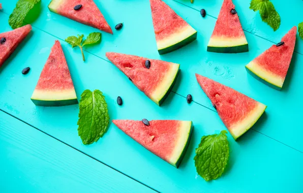 Watermelon, pieces, seeds, mint, a lot, slices, slices, turquoise background