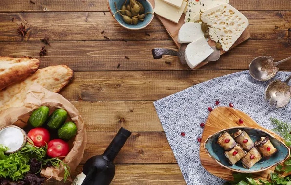 Picture wine, cheese, eggplant, vegetables, tomatoes, cucumbers, cuts, pita