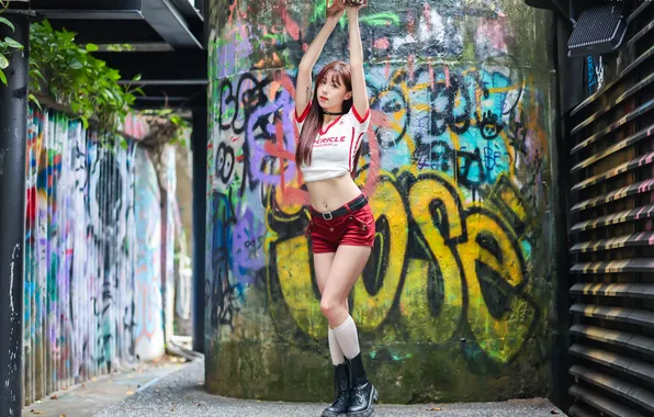 Girl, pose, shorts, t-shirt, legs, Asian