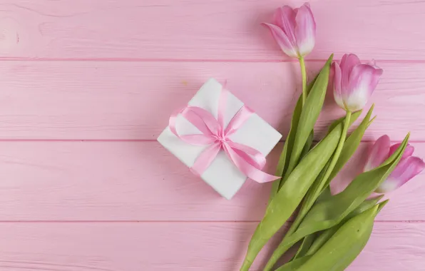 Picture flowers, gift, bouquet, tulips, love, pink, fresh, wood, pink, flowers, romantic, tulips, gift, spring, with …