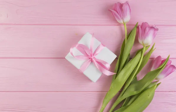 Flowers, gift, bouquet, tulips, love, pink, fresh, wood