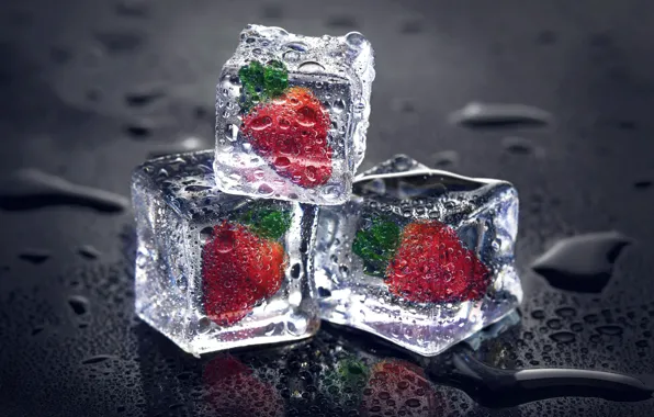 Ice, drops, transparent, berries, the dark background, ice, strawberry, frozen