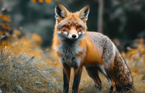 Autumn, forest, grass, look, nature, pose, Fox, red