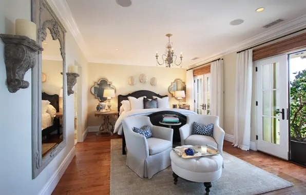 Design, bed, mirror, chairs, mansion, Design, bedroom, Interior