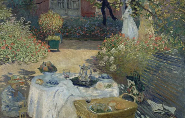 Table, picture, yard, Claude Monet, genre, After Lunch