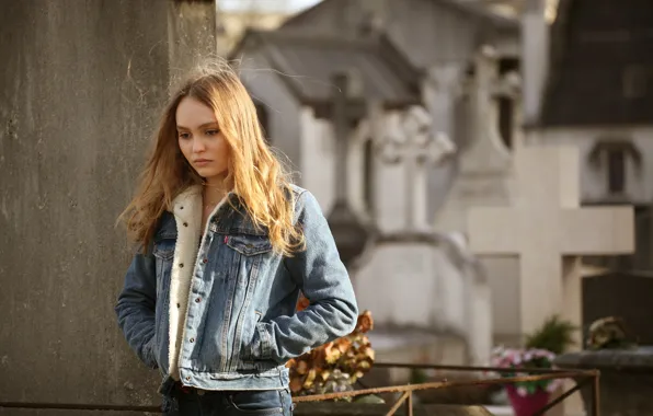 Picture girl, mood, street, model, actress, blonde, denim jacket, Lily-Rose Depp