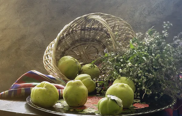 Still life, basket, tray, quince
