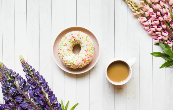 Flowers, coffee, Cup, donut, Still life, Lupin