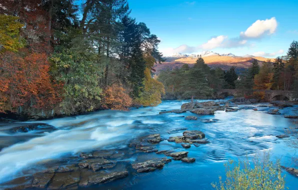 Picture autumn, forest, bridge, river, hills, stream