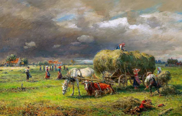 Clouds, Horse, Grass, People, Picture, Hay, Hay, Carl Stuhlmuller