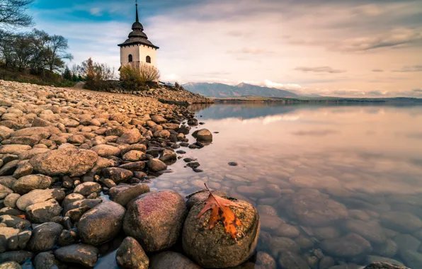 Autumn, landscape, mountains, nature, sheet, stones, shore, Church