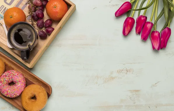 Coffee, bouquet, Breakfast, tulips, donuts, tray