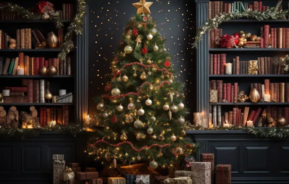Decoration, room, balls, books, tree, interior, New Year, Christmas