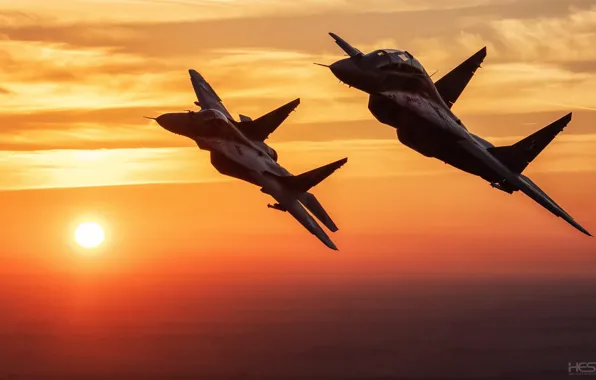 Picture Sunset, The sky, Clouds, Fighter, The MiG-29, Polish air force, HESJA Air-Art Photography