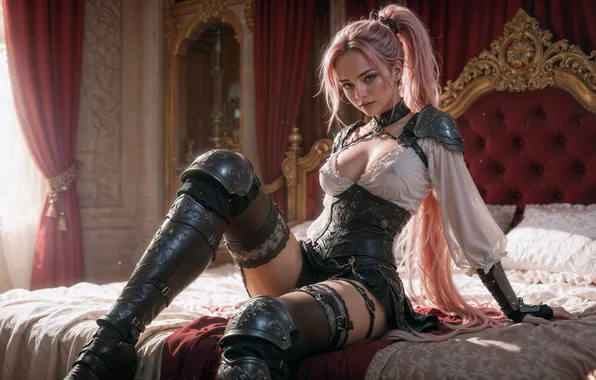 Pose, armor, leather, corset, legs, beautiful girl, bust, digital art