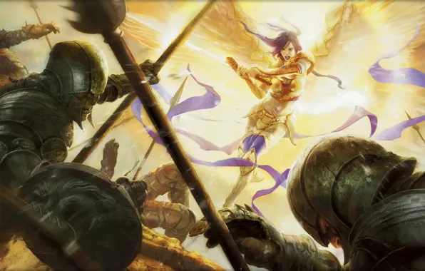 Light, attack, wings, angel, sword, armor, rage, goblins