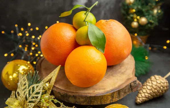 Leaves, balls, star, oranges, lights, Christmas, New year, fruit