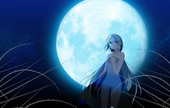 Girl, flowers, night, the moon, plant, art, spikes, vocaloid