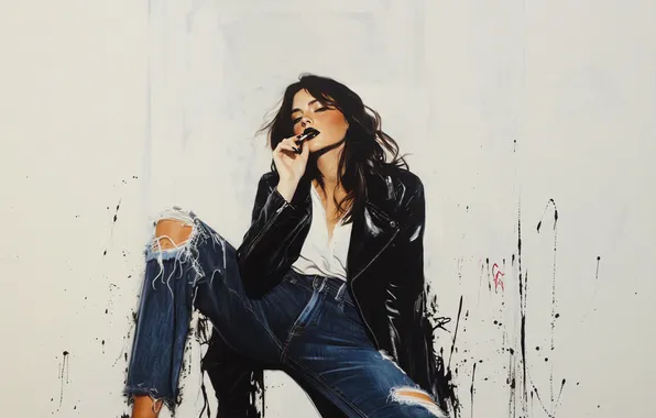 Brunette, cigarettes, leather jacket, AI art