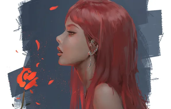 Picture piercing, shackle, red hair, in profile, Leina, portrait of a girl, Ghost Blade, neck shoulders