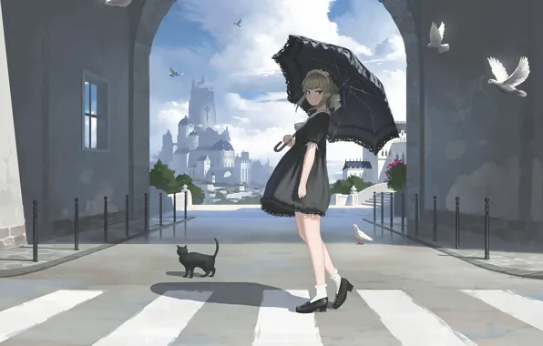 Picture castle, pigeons, girl, arch, black dress, on the street, in the city, crosswalk