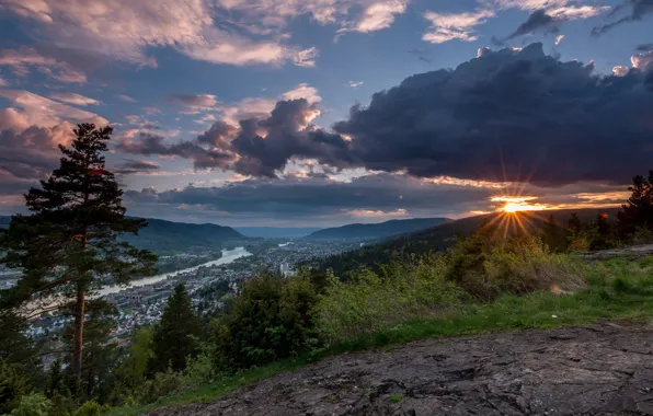 Clouds, trees, sunset, mountains, slope, Norway, panorama, Norway