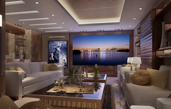 Sofa, tables, the room, HOME THEATER AREA, podsvechnik