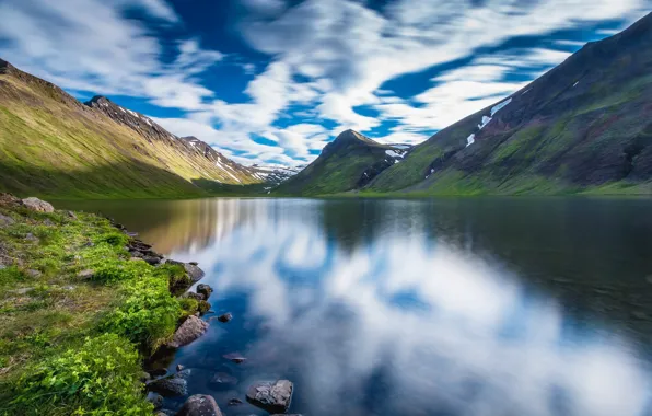 Picture the sky, clouds, mountains, lake, reflection, Iceland, Iceland, Akureyri