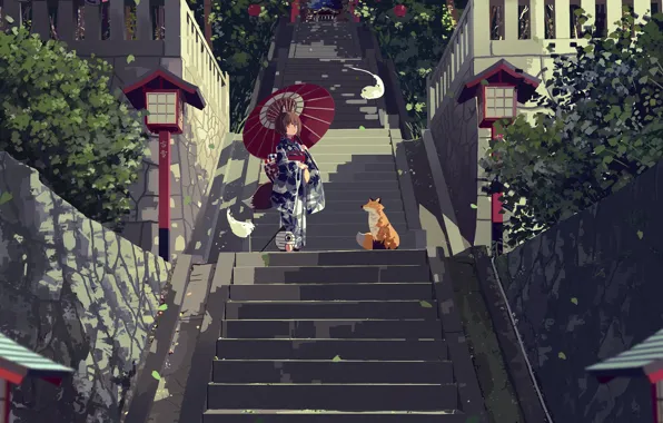 Anime, Fox, ladder, girl
