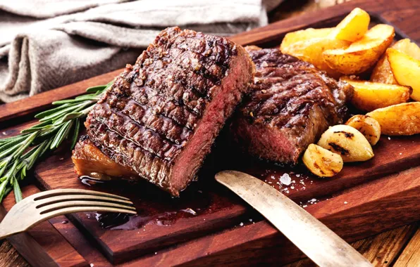 Meat, rosemary, potatoes, steak