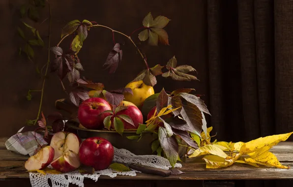 Autumn, leaves, branches, table, apples, Board, yellow, red