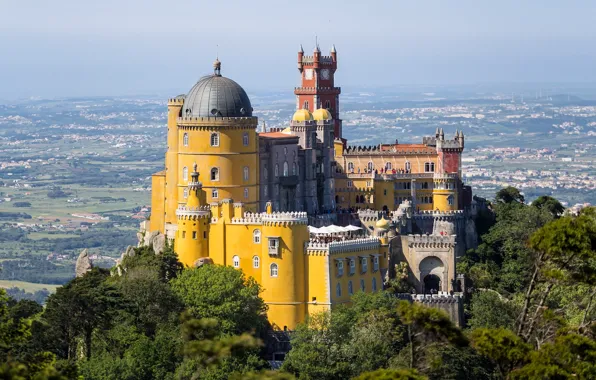 The sky, castle, tower, mountain, valley, Portugal, the dome, the Pena Palace