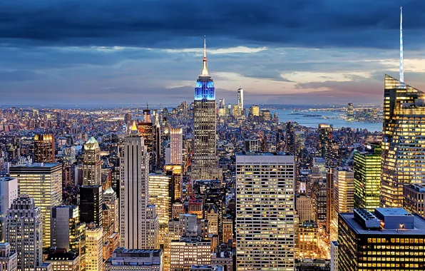 Picture City, USA, Sunset, Manhattan, New-York, Building, River, Empire