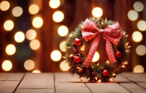 Balls, branches, red, lights, Board, Christmas, New year, bow