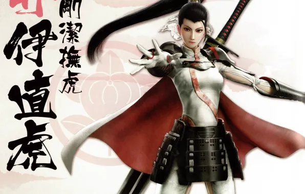 Katana, armor, samurai, tail, characters, gloves, emblem, cloak